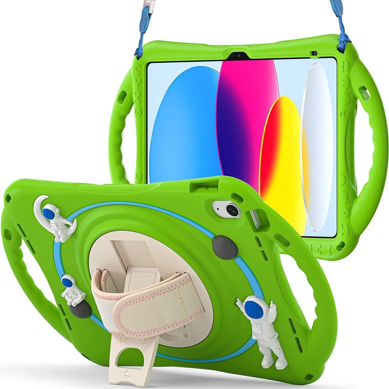Main image of iPad 10th Generation 10.9'' Kids Case, iPad 10th Gen 10.9 Rugged Shockproof Protective Rubber Case with Kickstand/Hand Strap/Shoulder Strap Handle Grip & Pencil Holder, Frog Green