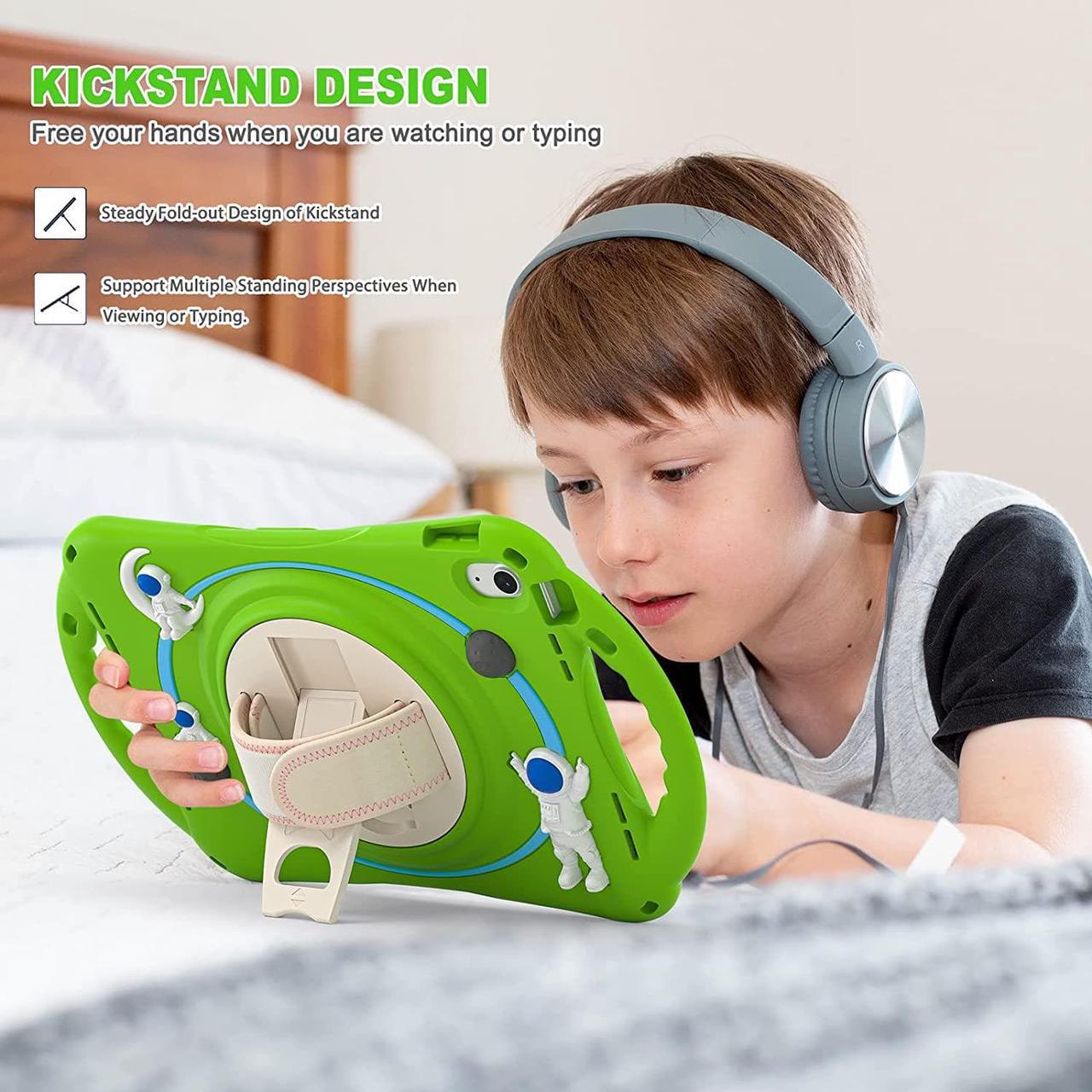 Alt view image 3 of 7 - iPad 10th Generation 10.9'' Kids Case, iPad 10th Gen 10.9 Rugged Shockproof Protective Rubber Case with Kickstand/Hand Strap/Shoulder Strap Handle Grip & Pencil Holder, Frog Green