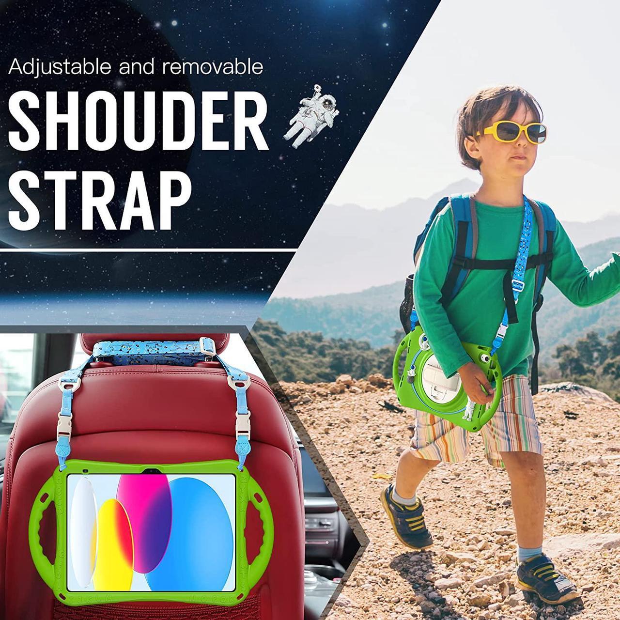 Alt view image 5 of 7 - iPad 10th Generation 10.9'' Kids Case, iPad 10th Gen 10.9 Rugged Shockproof Protective Rubber Case with Kickstand/Hand Strap/Shoulder Strap Handle Grip & Pencil Holder, Frog Green