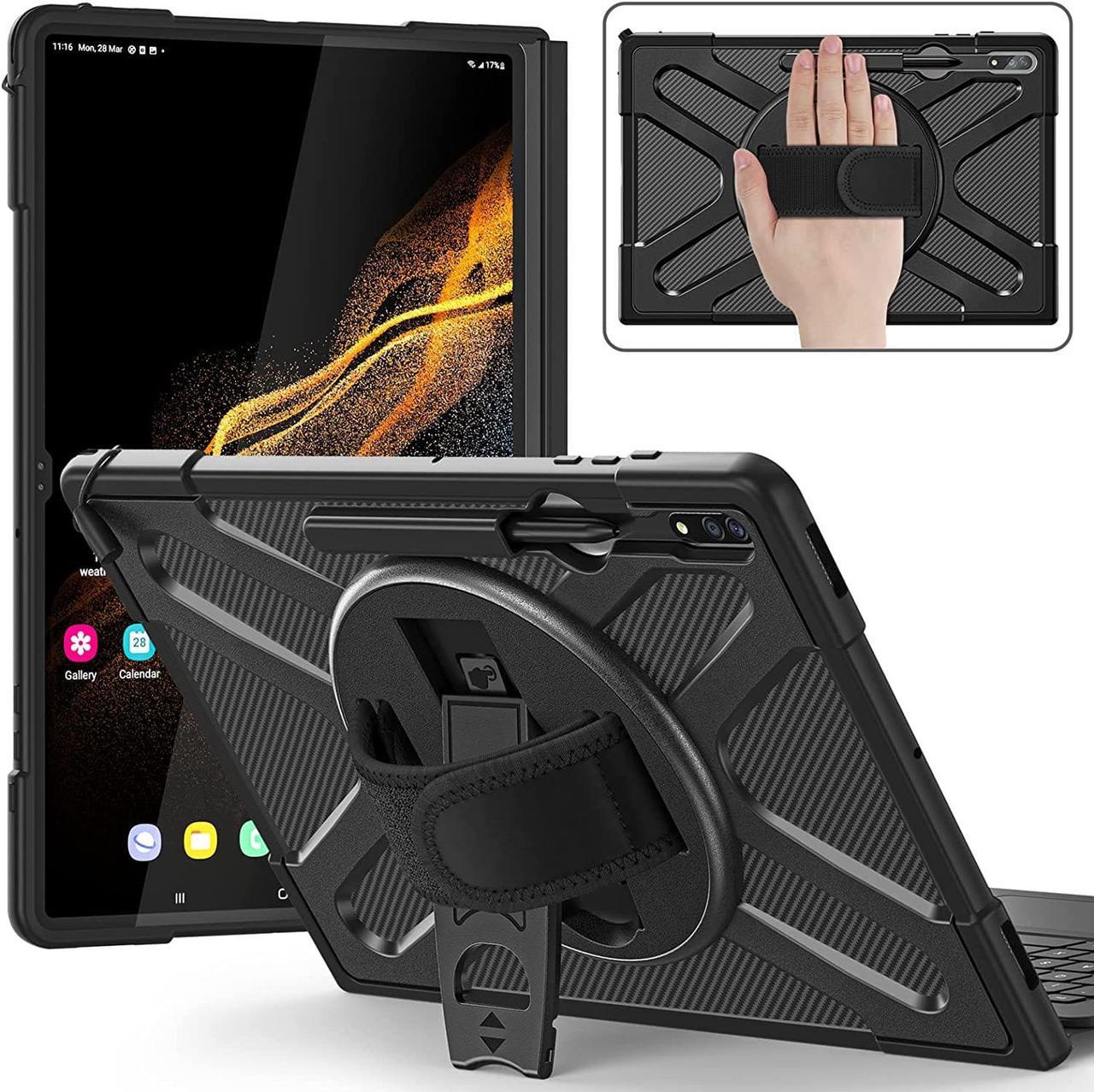 Galaxy Tab S8 Ultra Case 14.6 inch 2022 with S Pen Holder, Slim Case for Samsung Tab S8 Ultra with Kickstand and Hand Strap, Compatible with Original Type Cover Keyboard-Black