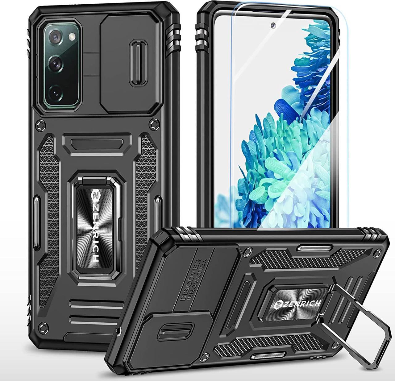 Rugged Case for Samsung Galaxy S20 FE 5G/ S20 FE with Tempered Glass Screen Protector, Slide Camera Cover & Kickstand, Dual Layer Military Grade Case compatitable with Magnetic Holder, Black