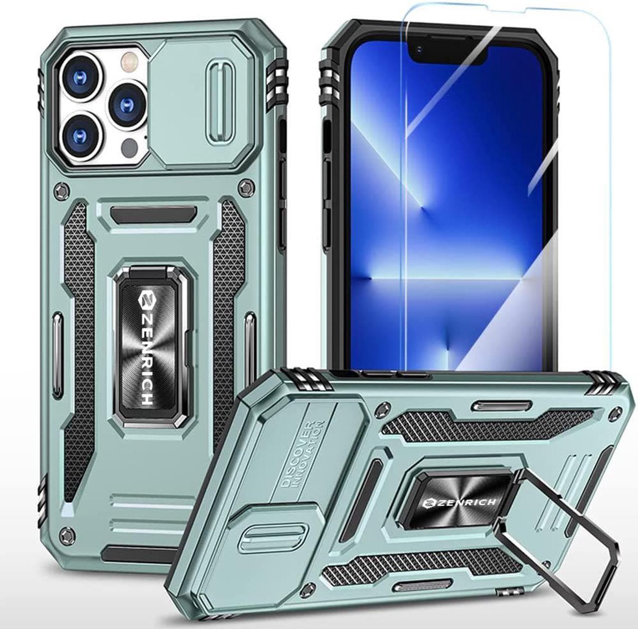 Rugged Case for iPhone 13 Pro with Tempered Glass Screen Protector, Slide Camera Cover & Kickstand Military Grade Drop Proof Case Compatitable with Magnetic Holder, Alpine Green