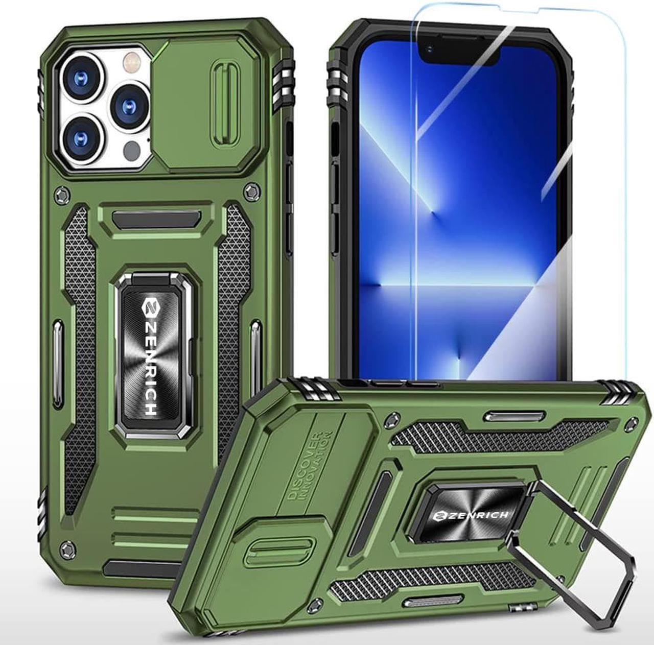 Rugged Case for iPhone 13 Pro Max with Tempered Glass Screen Protector, Slide Camera Cover & Kickstand Military Grade Drop Proof Case Compatitable with Magnetic Holder, Olive Green