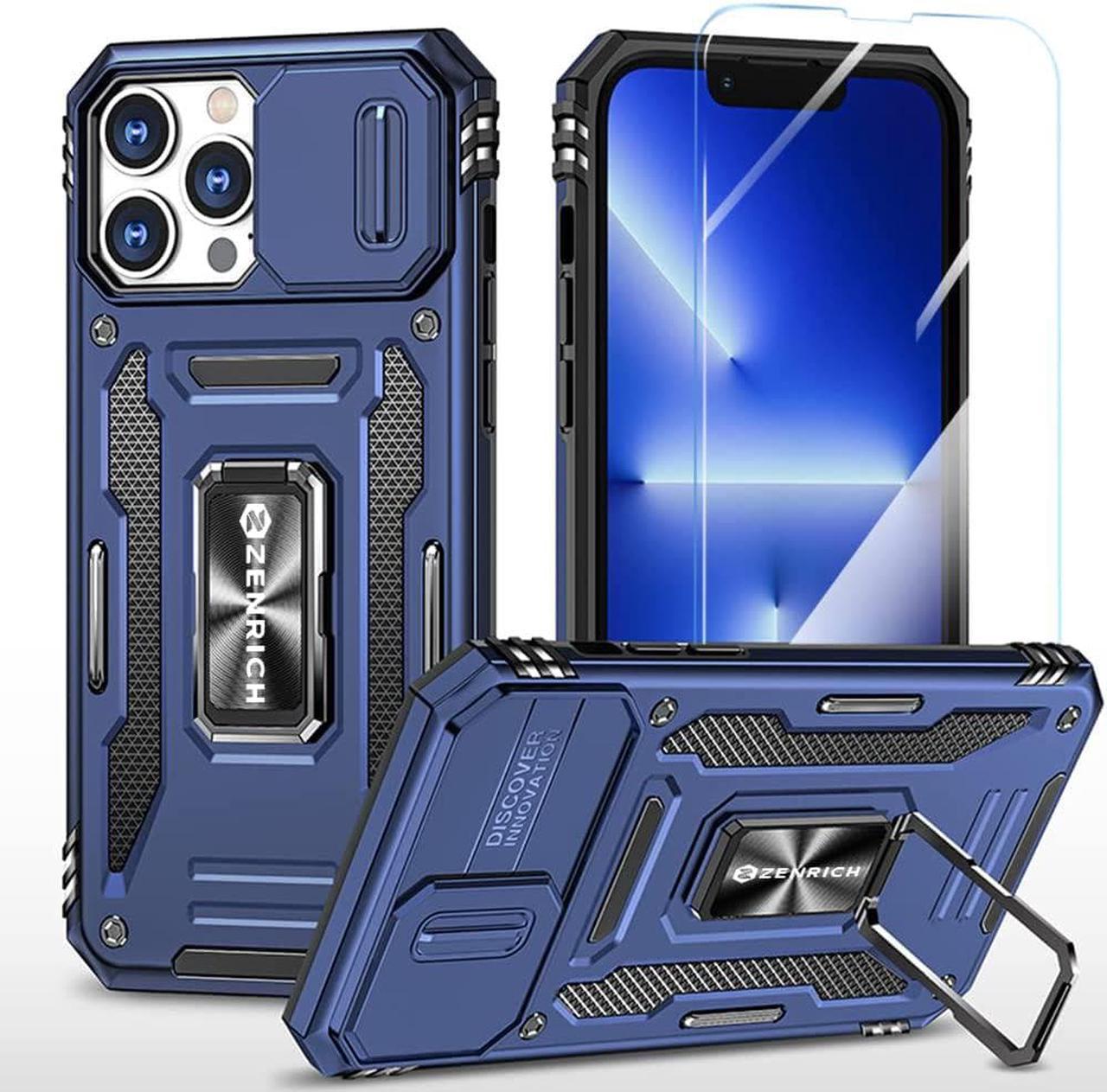 Rugged Case for iPhone 13 Pro with Tempered Glass Screen Protector, Slide Camera Cover & Kickstand Military Grade Drop Proof Case Compatitable with Magnetic Holder, Navy Blue