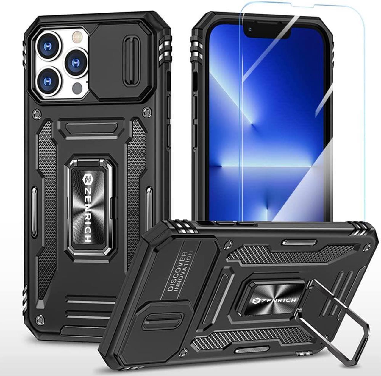 Rugged Case for iPhone 13 Pro with Tempered Glass Screen Protector, Slide Camera Cover & Kickstand Military Grade Drop Proof Case Compatitable with Magnetic Holder, Black