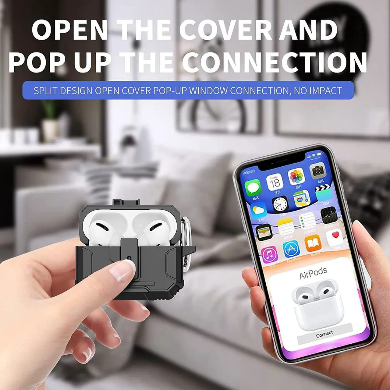 Alt view image 2 of 7 - One Key Pop-up Airpods Pro 2nd Generation Case, Full-Body Hard Shell Protective Rugged Charging Cover Case with Keychain for AirPods, Front LED Visible,Black