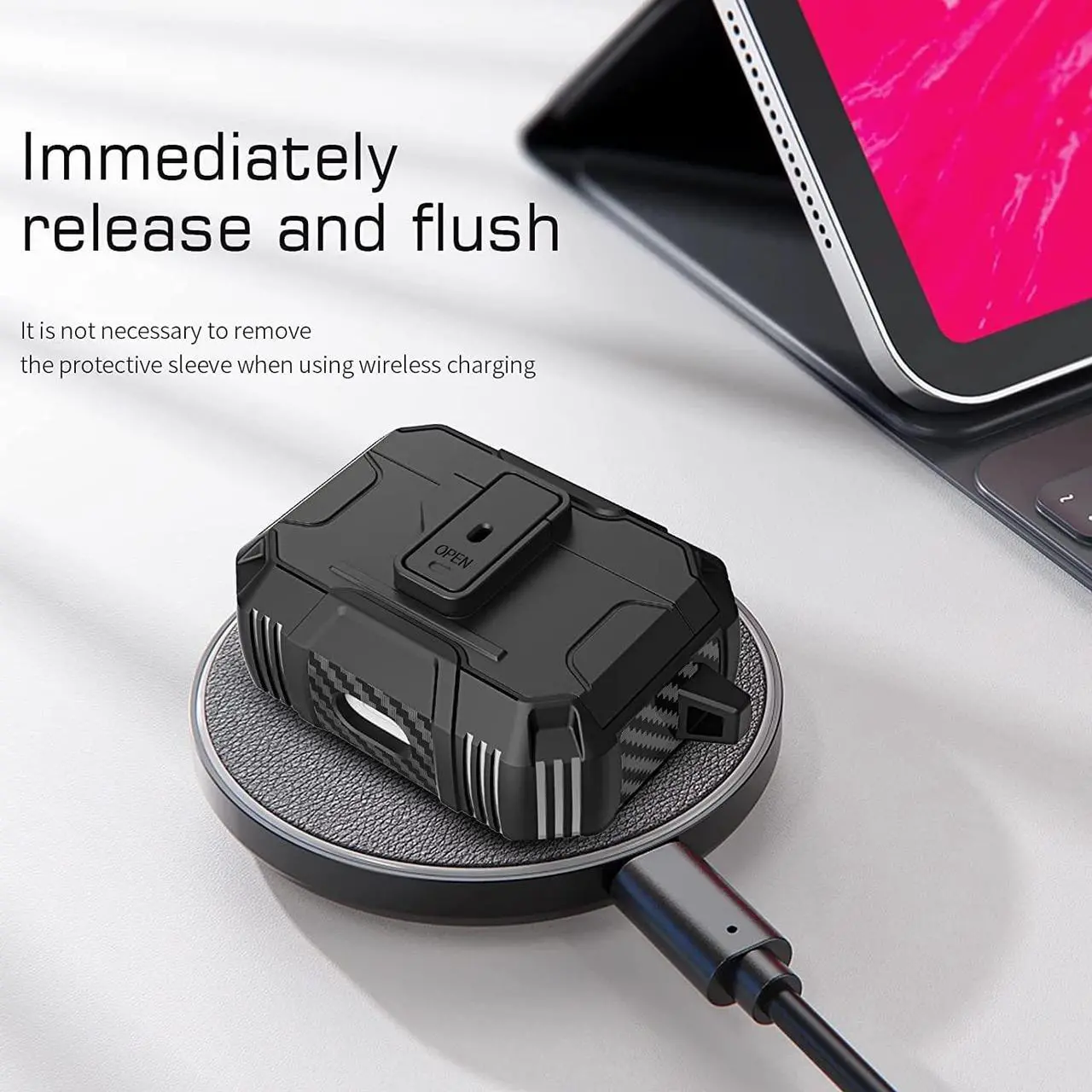 Alt view image 4 of 7 - One Key Pop-up Airpods Pro 2nd Generation Case, Full-Body Hard Shell Protective Rugged Charging Cover Case with Keychain for AirPods, Front LED Visible,Black