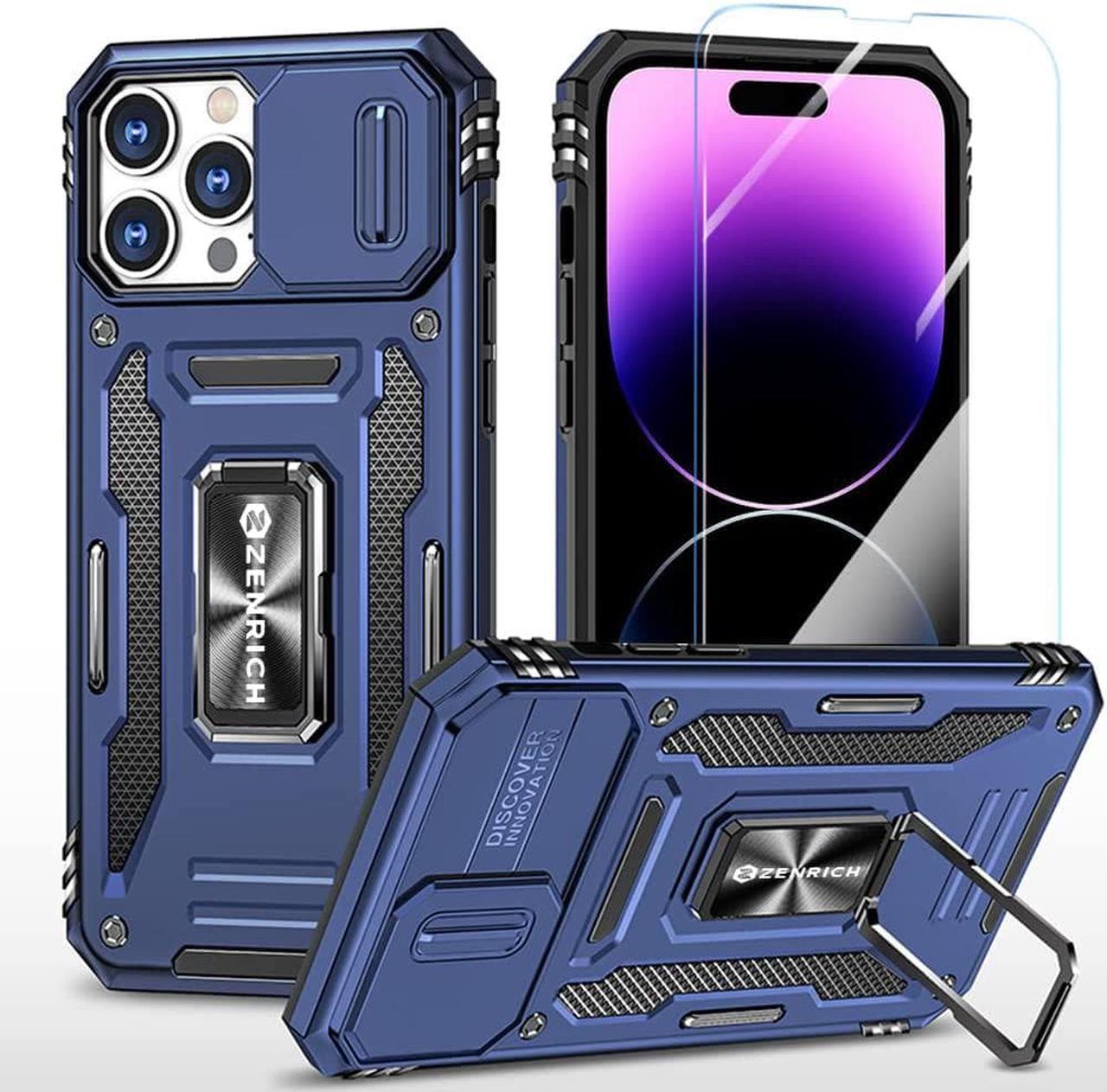 Rugged Case for iPhone 14 Pro Max with Tempered Glass Screen Protector, Slide Camera Cover & Kickstand, Military Grade Drop Proof Case Compatitable with Magnetic Holder, Navy Blue