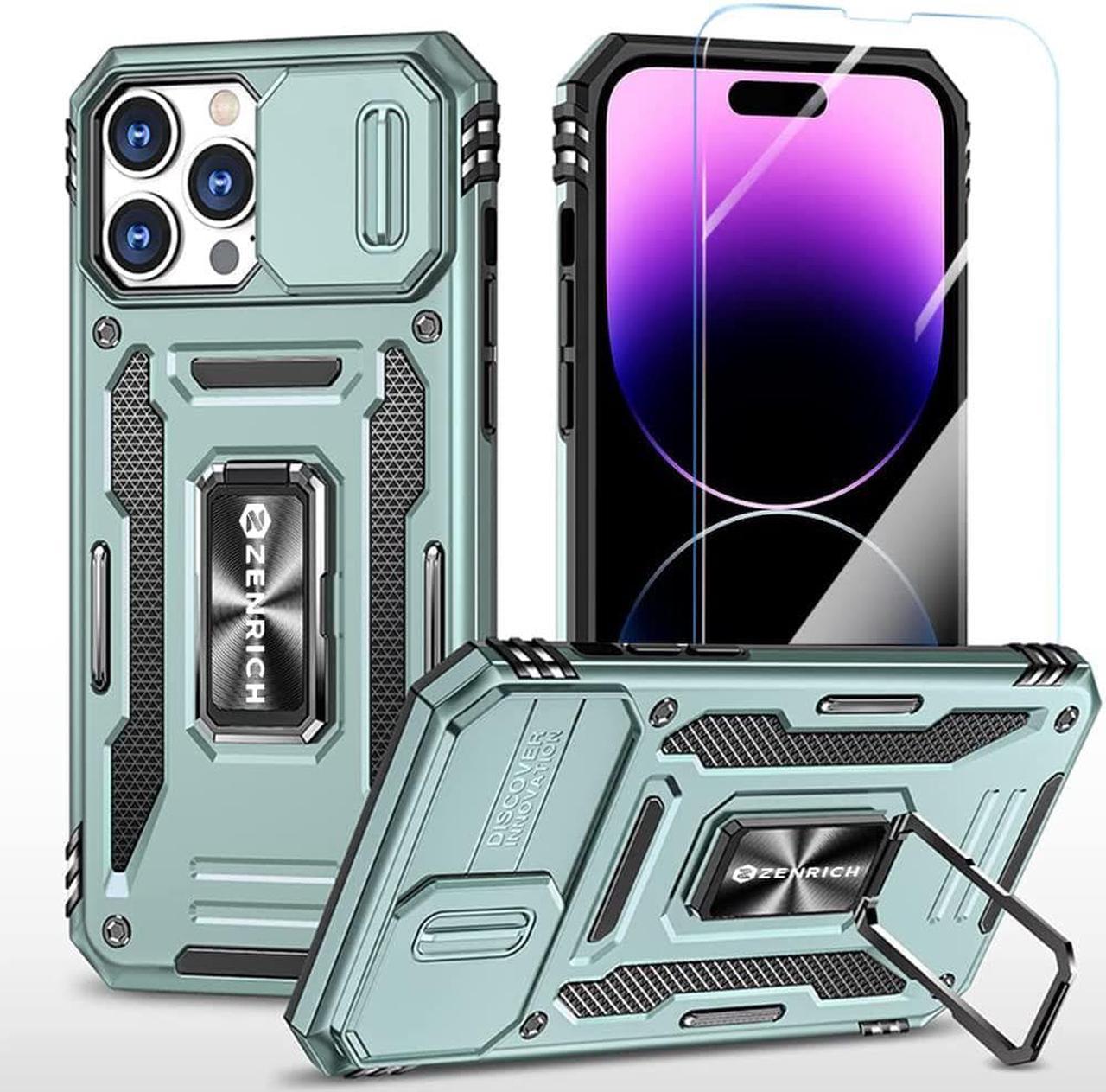 Rugged Case for iPhone 14 Pro with Tempered Glass Screen Protector, Slide Camera Cover & Kickstand, Military Grade Drop Proof Case Compatitable with Magnetic Holder, Alpine Green