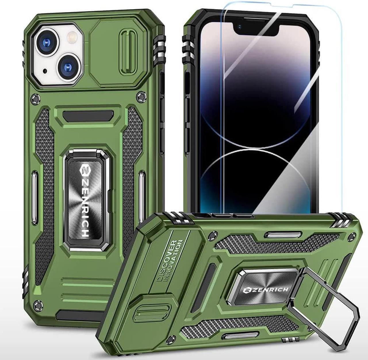 Rugged Case for iPhone 14 Max with Tempered Glass Screen Protector, Slide Camera Cover & Kickstand, Military Grade Drop Proof Case Compatitable with Magnetic Holder, Olive Green