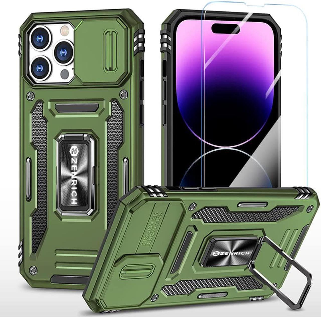 Rugged Case for iPhone 14 Pro with Tempered Glass Screen Protector, Slide Camera Cover & Kickstand, Military Grade Drop Proof Case Compatitable with Magnetic Holder, Olive Green