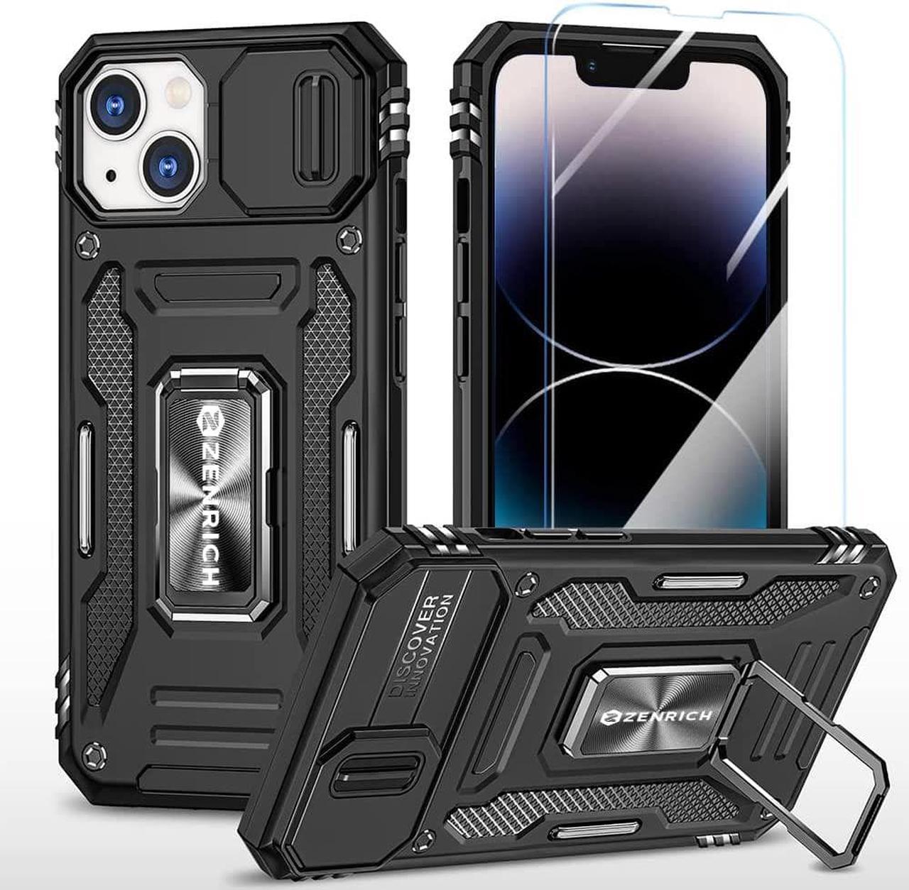 Rugged Case for iPhone 14 Max with Tempered Glass Screen Protector, Slide Camera Cover & Kickstand, Military Grade Drop Proof Protective Case Compatitable with Magnetic Holder, Black