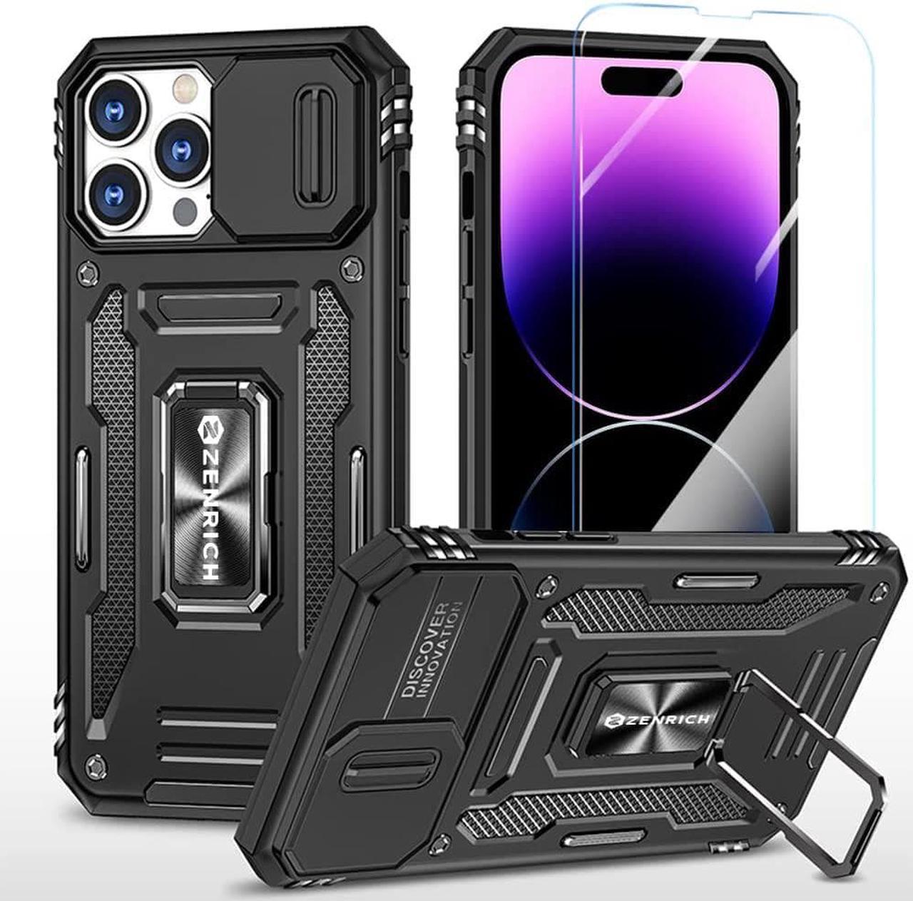 Rugged Case for iPhone 14 Pro with Tempered Glass Screen Protector, Slide Camera Cover & Kickstand, Military Grade Drop Proof Protective Case Compatitable with Magnetic Holder, Black