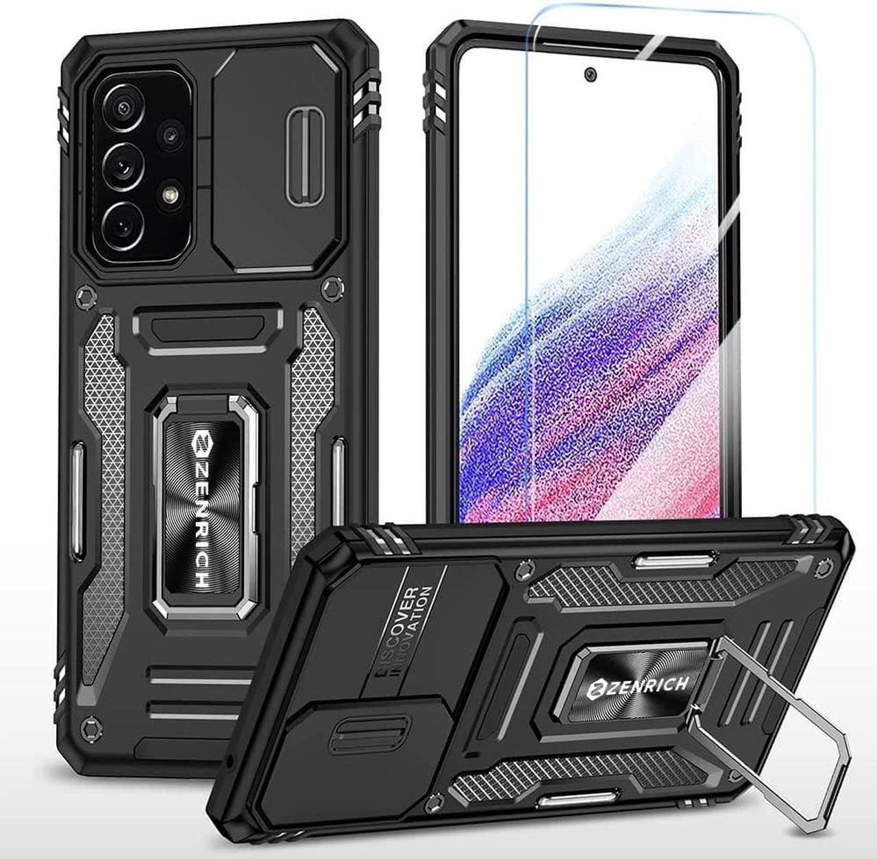 Rugged Case for Samsung Galaxy A52 5G with Tempered Glass Screen Protector, Slide Camera Cover & Kickstand Case Dual Layer Military Grade Protective with Magnetic Holder, Black