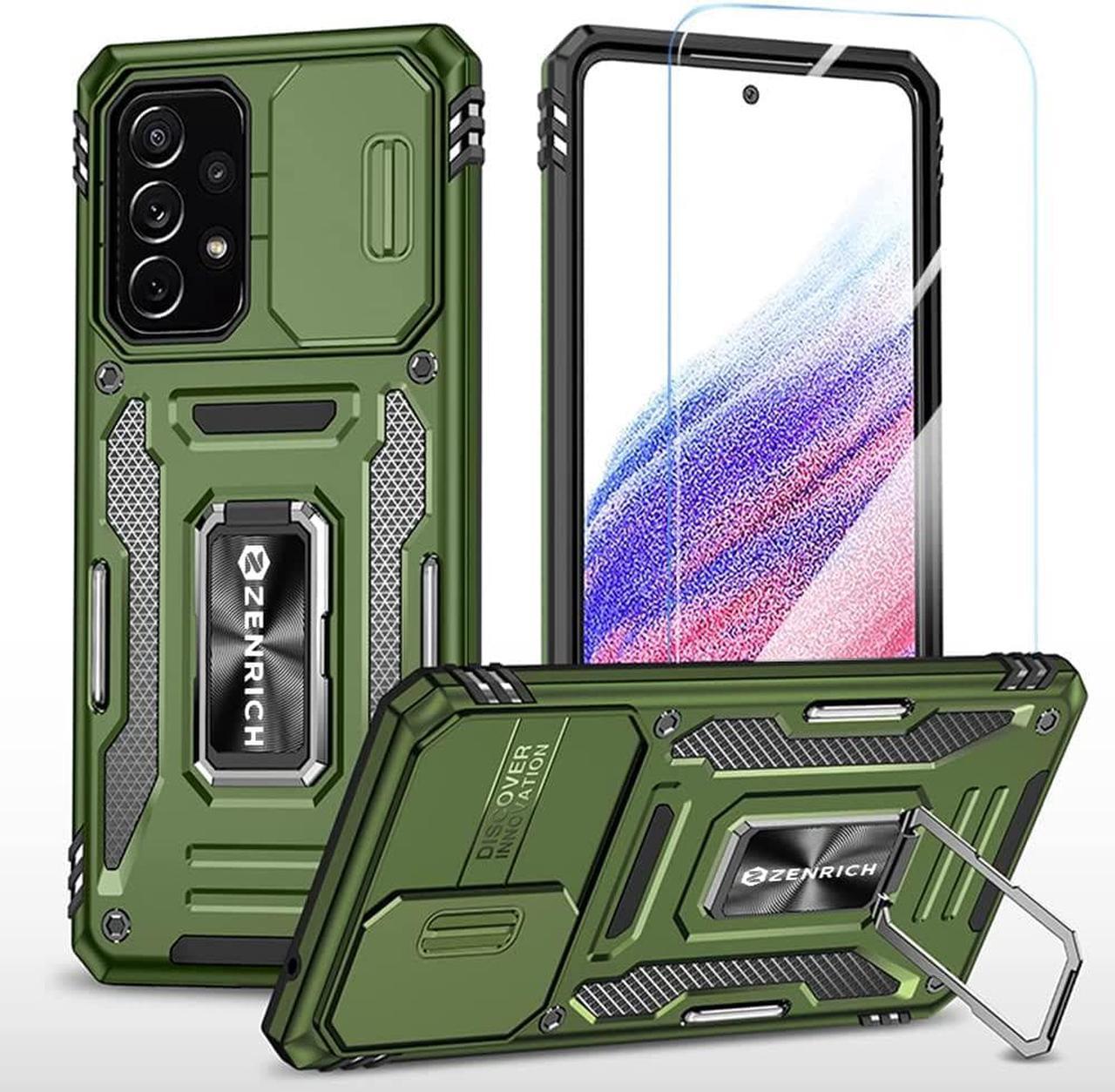 Rugged Case for Samsung Galaxy A53 5G with Tempered Glass Screen Protector, Slide Camera Cover & Kickstand Case Dual Layer Military Grade Protective with Magnetic Holder, Olive Green