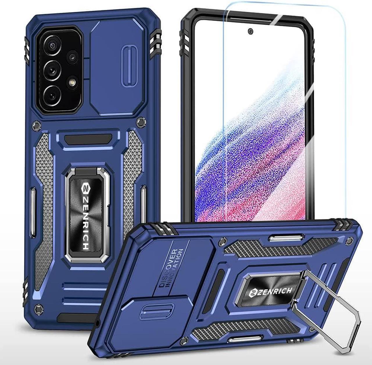 Rugged Case for Samsung Galaxy A52 5G with Tempered Glass Screen Protector, Slide Camera Cover & Kickstand Case Dual Layer Military Grade Protective with Magnetic Holder, Navy Blue