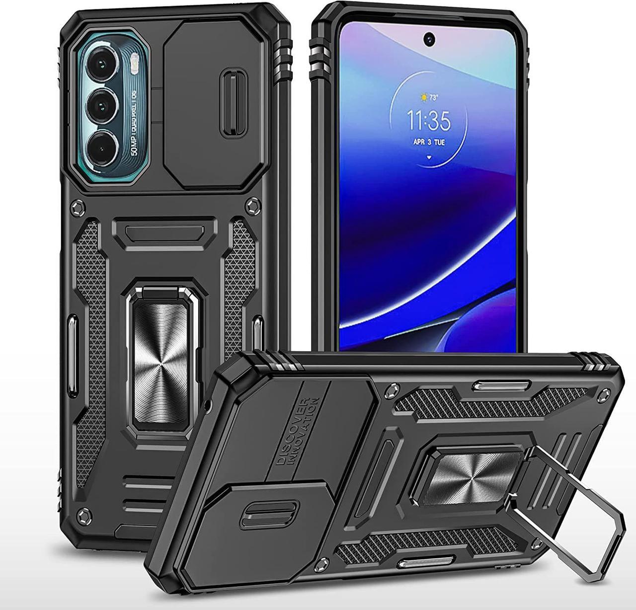 Rugged Case for Moto G Stylus 5G (2022) with Tempered Glass Screen Protector, Slide Camera Cover & Kickstand, Dual Layer Military Grade Protective Case compatitable with Magnetic Holder, Black