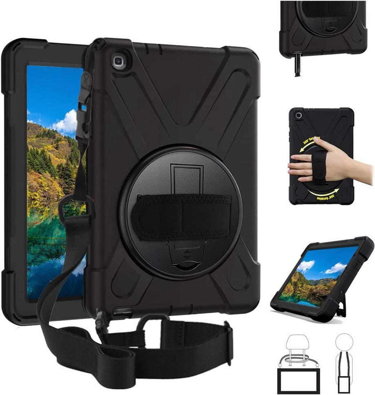 Galaxy Tab A 8.0" (2019) with S Pen Case, 360 Degree Rotatable with Kickstand,Hand Strap and Shoulder Strap case, 3 Layer Hybrid Heavy Duty Shockproof case for SM-P200/P205 (Black)