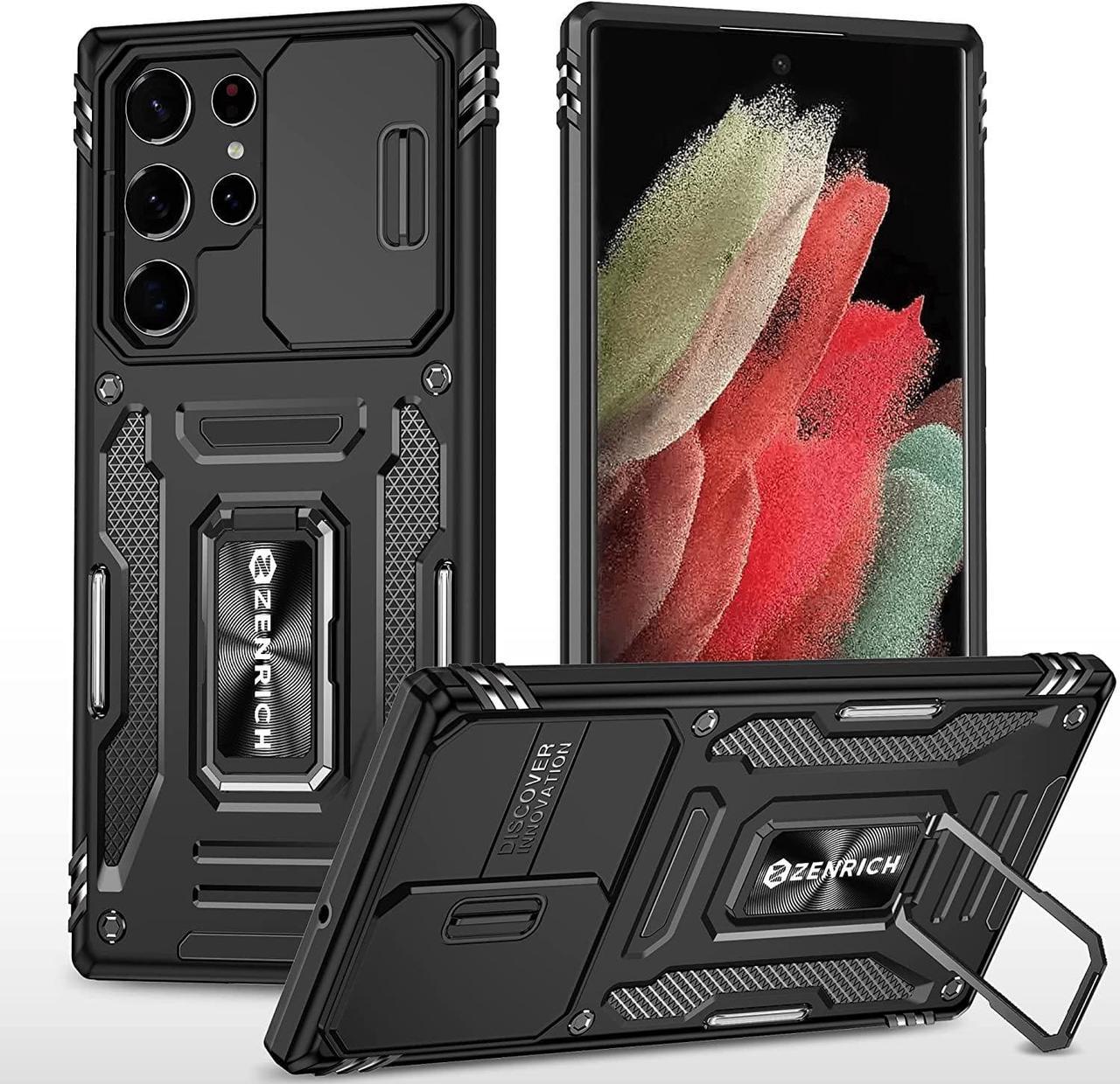 Rugged Case for Samsung Galaxy S22 Ultra with Slide Camera Cover & Kickstand, Dual Layer Military Grade Case compatitable with Magnetic Holder, Black