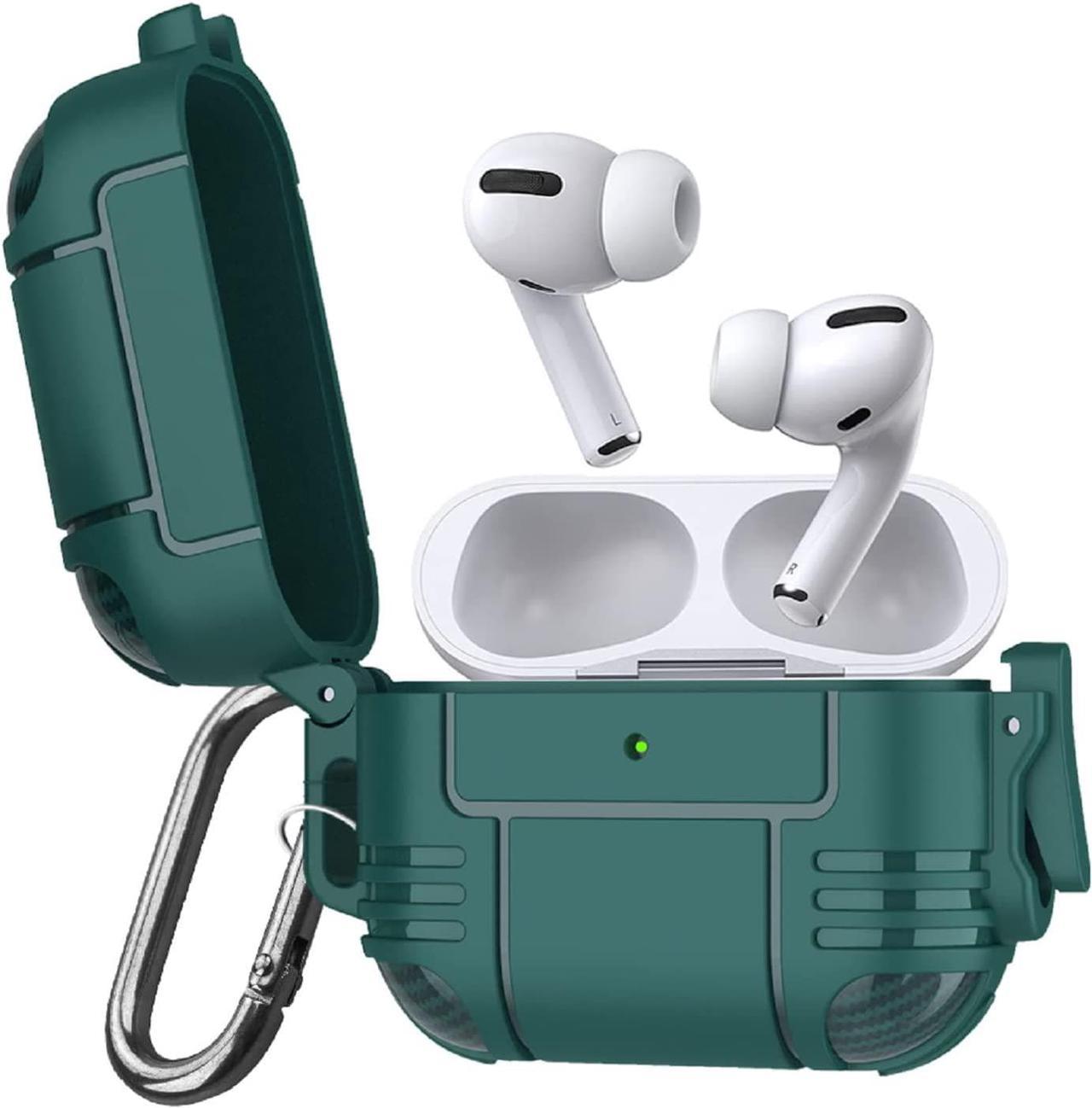 New Airpods Pro Case, Anti Lost Buckle Full-Body Hard Shell Protective Rugged Charging Cover Case with Keychain for AirPod Pro 2019, Front LED Visible,Dark Green