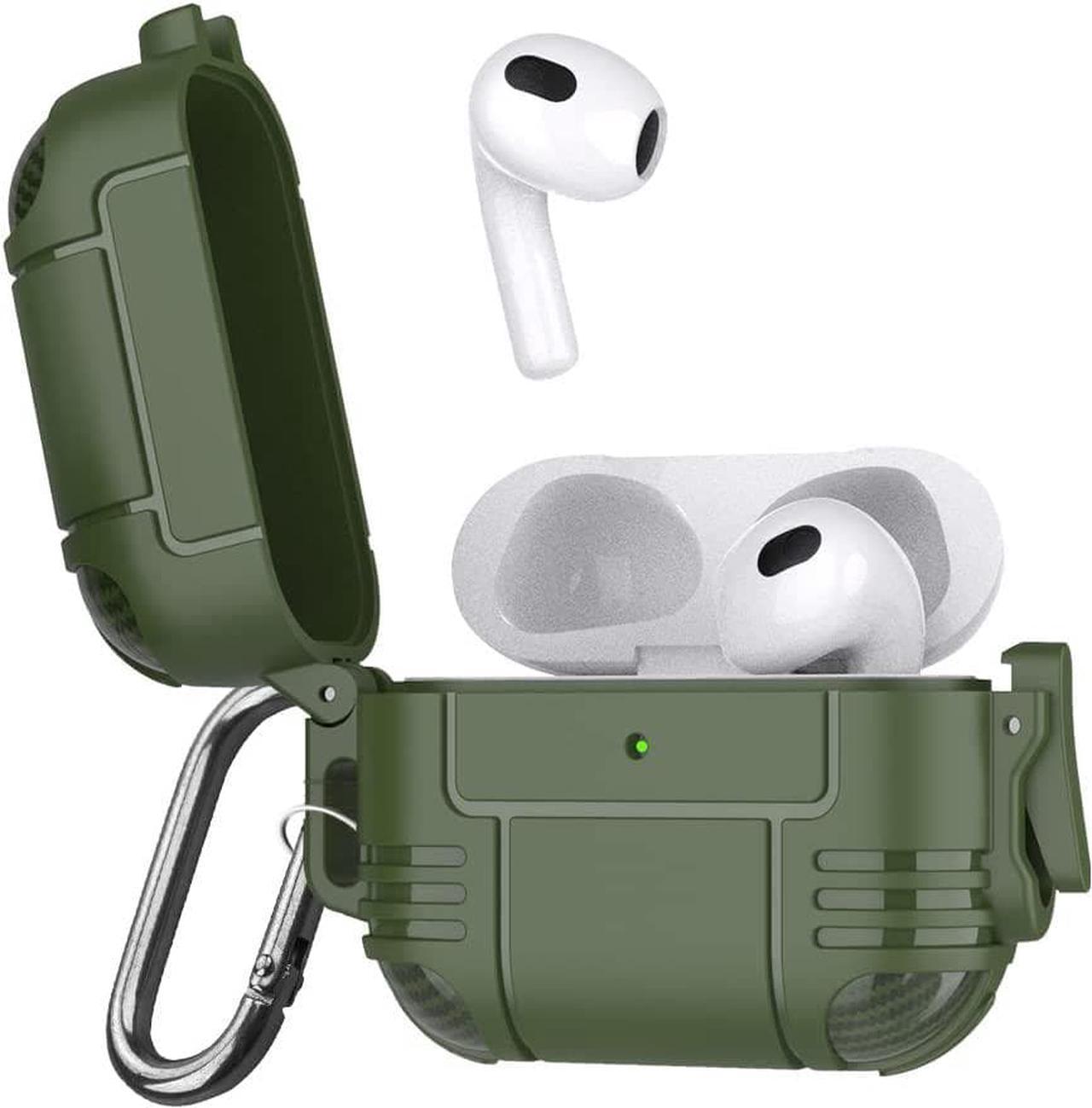 AirPods Case with Secure Lock Clip, Full-Body Hard Shell Protective Charging Cover Case with Keychain for AirPods, Front LED Visible (Army Green, Airpods 3rd Gen)