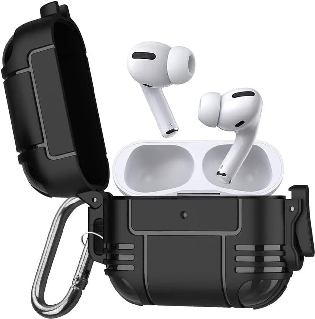 New Airpods Pro Case, Anti Lost Buckle Full-Body Hard Shell Protective Rugged Charging Cover Case with Keychain for AirPod Pro 2019, Front LED Visible,Black