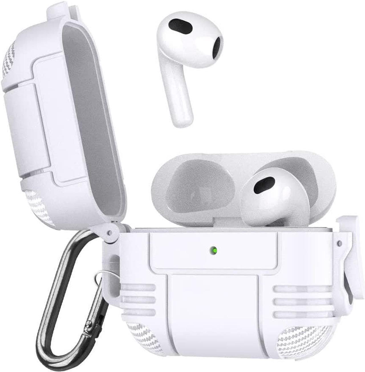 AirPods Case with Secure Lock Clip, Full-Body Hard Shell Protective Charging Cover Case with Keychain for AirPods, Front LED Visible (White, Airpods 3rd Gen)