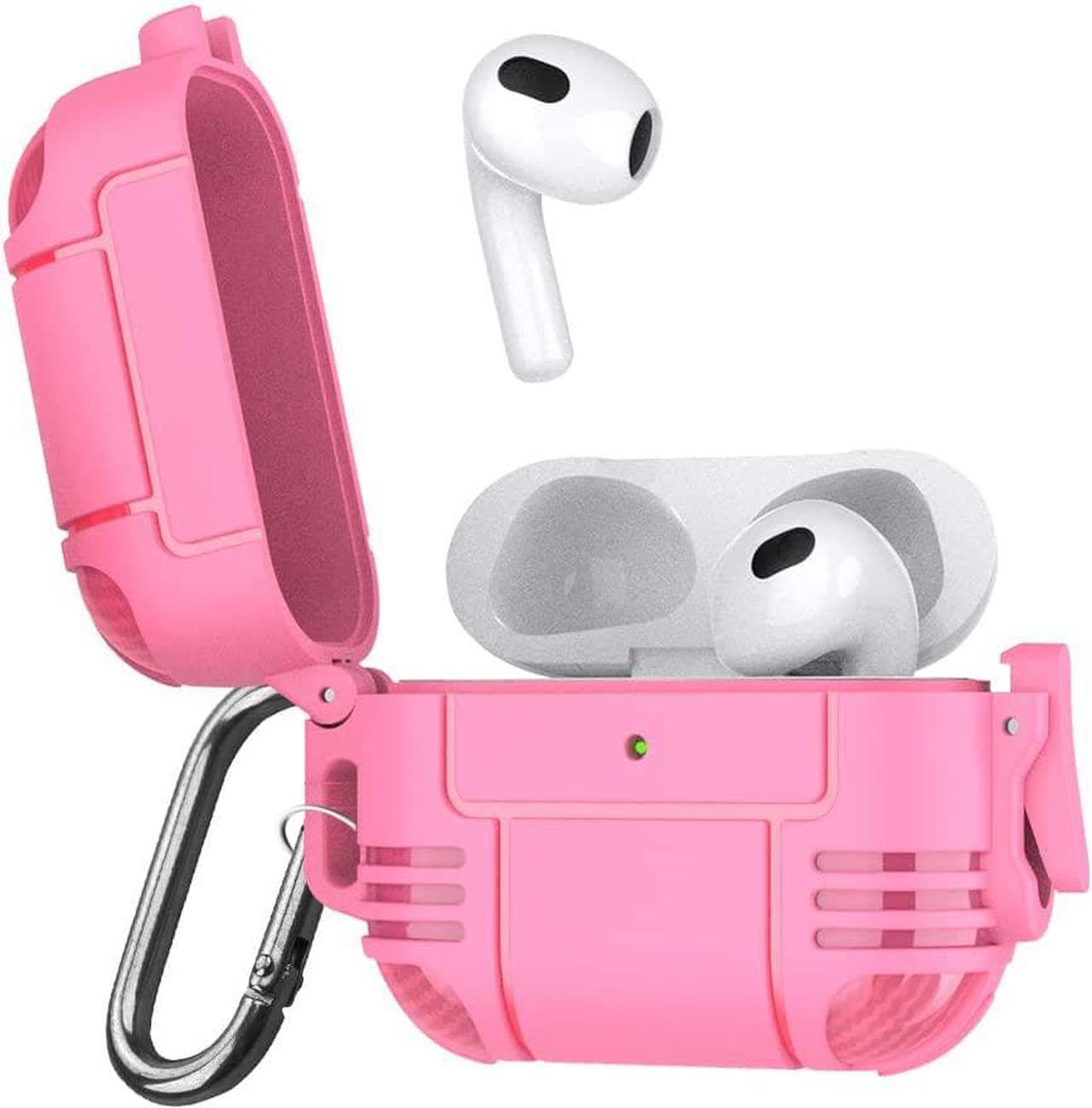 AirPods Case with Secure Lock Clip, Full-Body Hard Shell Protective Charging Cover Case with Keychain for AirPods, Front LED Visible (Pink, Airpods 3rd Gen)