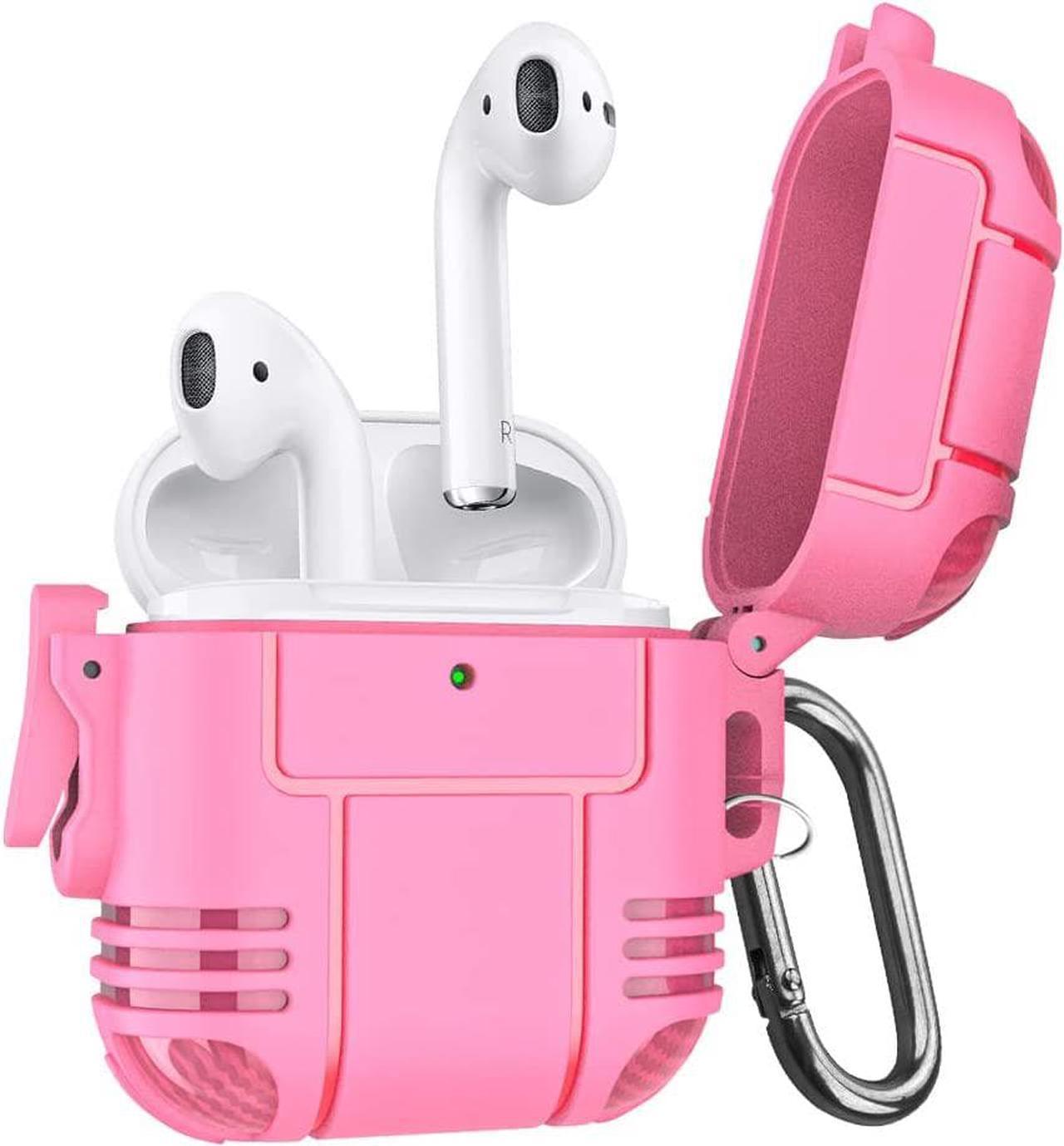 Airpods Anti Lost Buckle Case Cover for AirPods 2nd Generation & 1st, Full-Body Hard Shell Protective Charging Cover Case with Keychain for AirPods 2/1, Front LED Visible,Pink