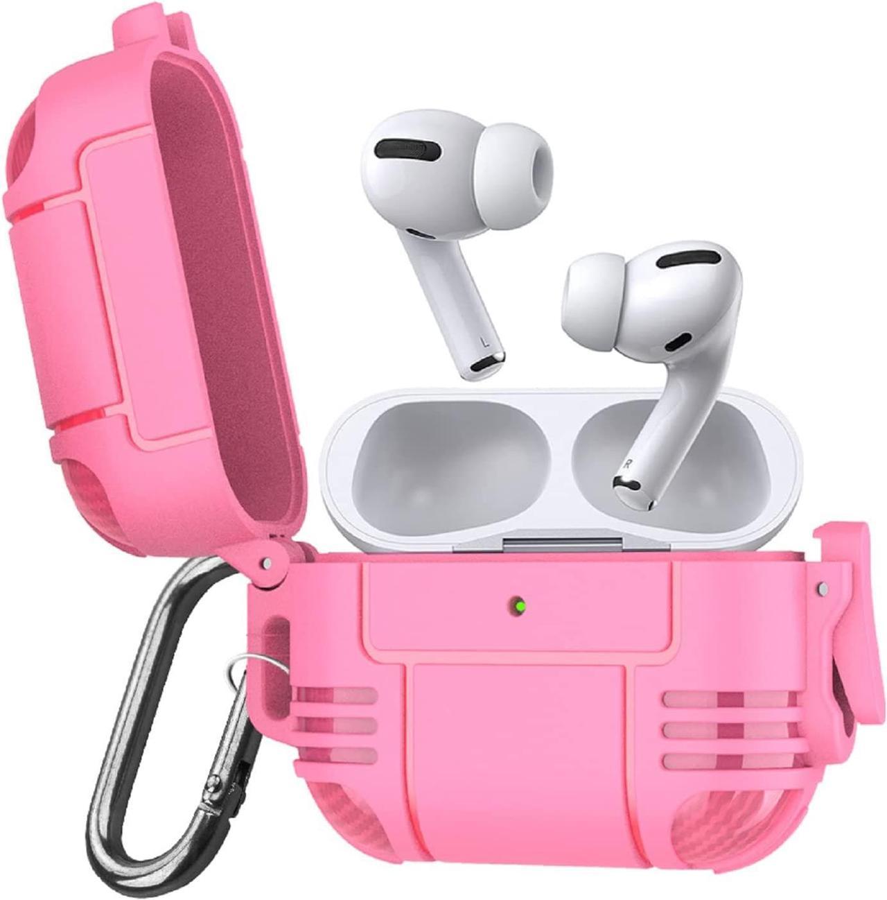 New Airpods Pro Case, Anti Lost Buckle Full-Body Hard Shell Protective Rugged Charging Cover Case with Keychain for AirPod Pro 2019, Front LED Visible,Pink