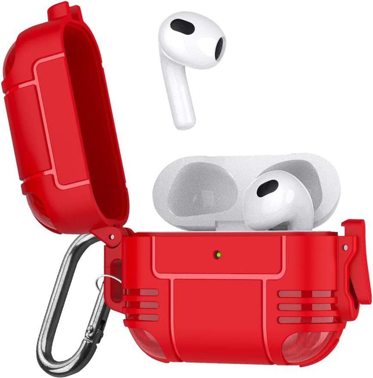 AirPods Case with Secure Lock Clip, Full-Body Hard Shell Protective Charging Cover Case with Keychain for AirPods, Front LED Visible (Red, Airpods 3rd Gen)