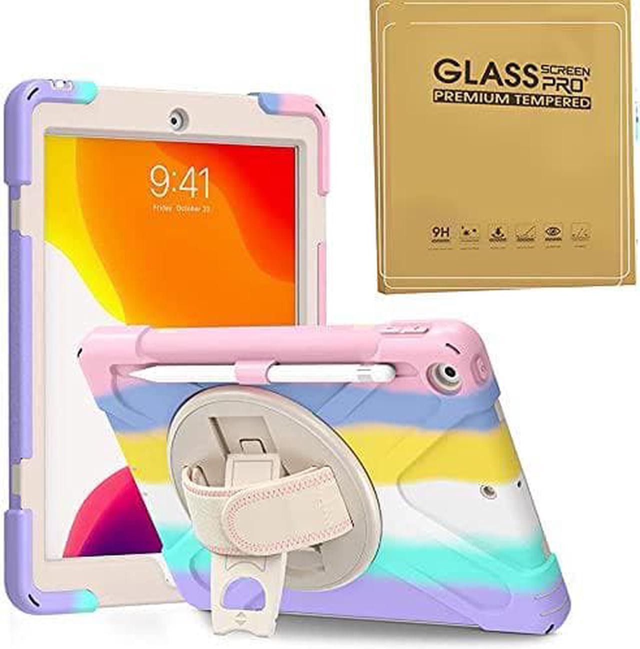 Bundle-iPad 8th/7th Generation 10.2 Case with Tempered Glass Screen Protector Pencil Holder Kickstand Hand Strap and Shoulder Strap, Colorful Pink