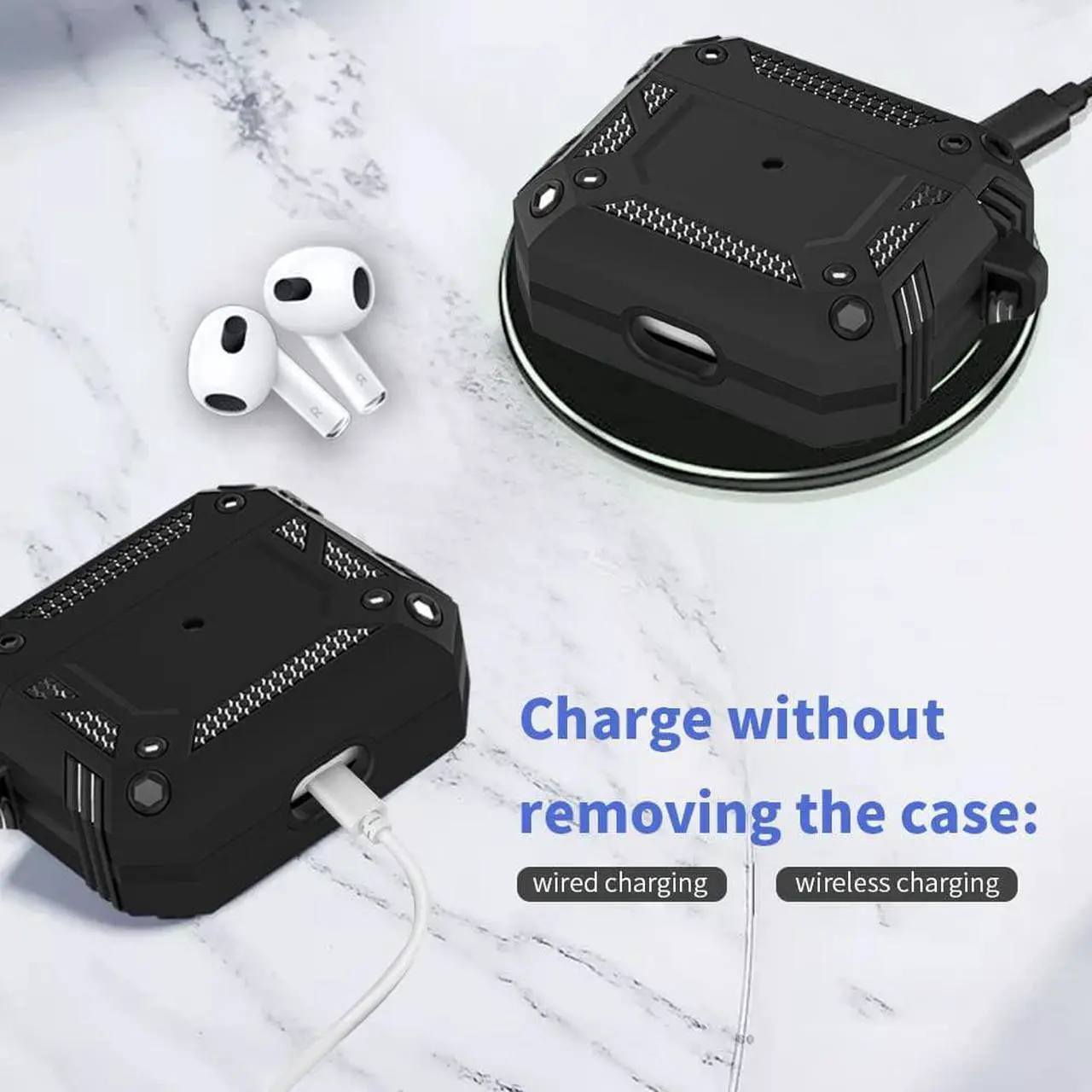 Alt view image 3 of 7 - Airpods 3rd Generation Case 2021, Full-Body Hard Shell Protective Rugged Charging Cover Case with Keychain for AirPod 2021, Front LED Visible,Black