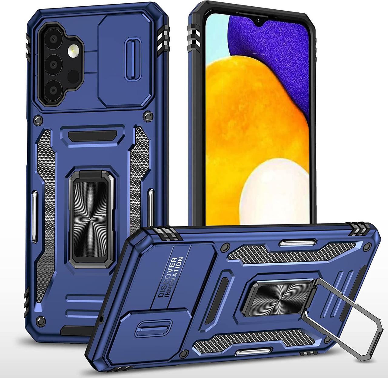 Rugged Case for Samsung Galaxy A13 5G with Tempered Glass Screen Protector, Slide Camera Cover & Kickstand Case Dual Layer Military Grade Protective with Magnetic Holder, Navy Blue