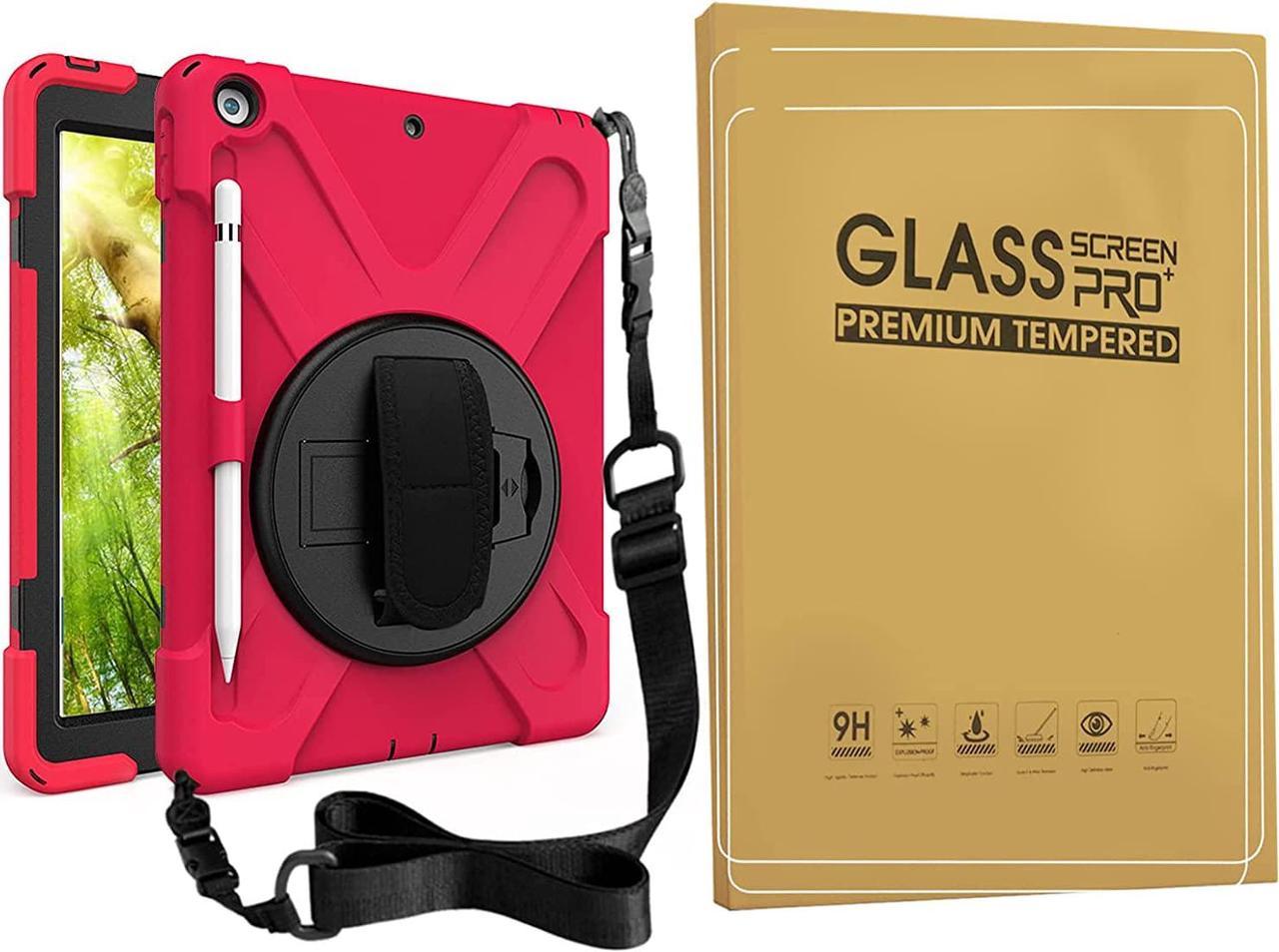 Bundle-iPad 8th/7th Generation 10.2 Case with Tempered Glass Screen Protector Pencil Holder Kickstand Hand Strap and Shoulder Strap, Red