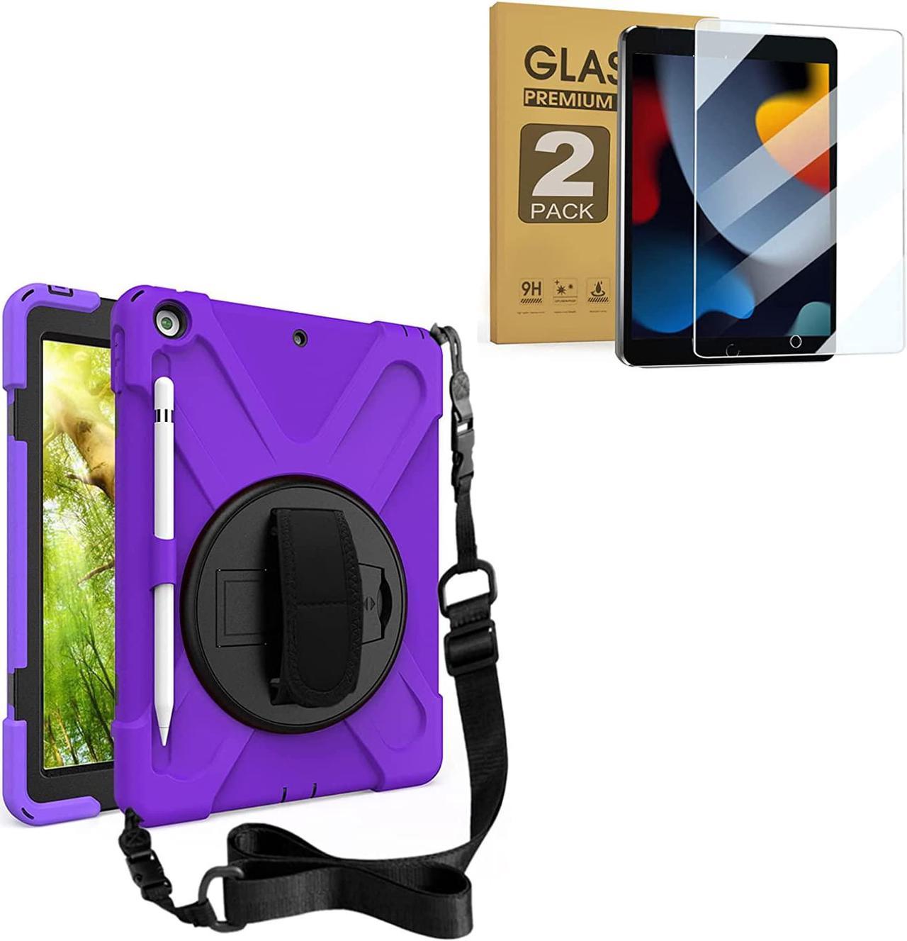 iPad 10.2 inch Rugged Case Purple and 2 Pack Anti Blue Light Tempered Glass Screen Ptotector(iPad 9th/8th/7th Generation)