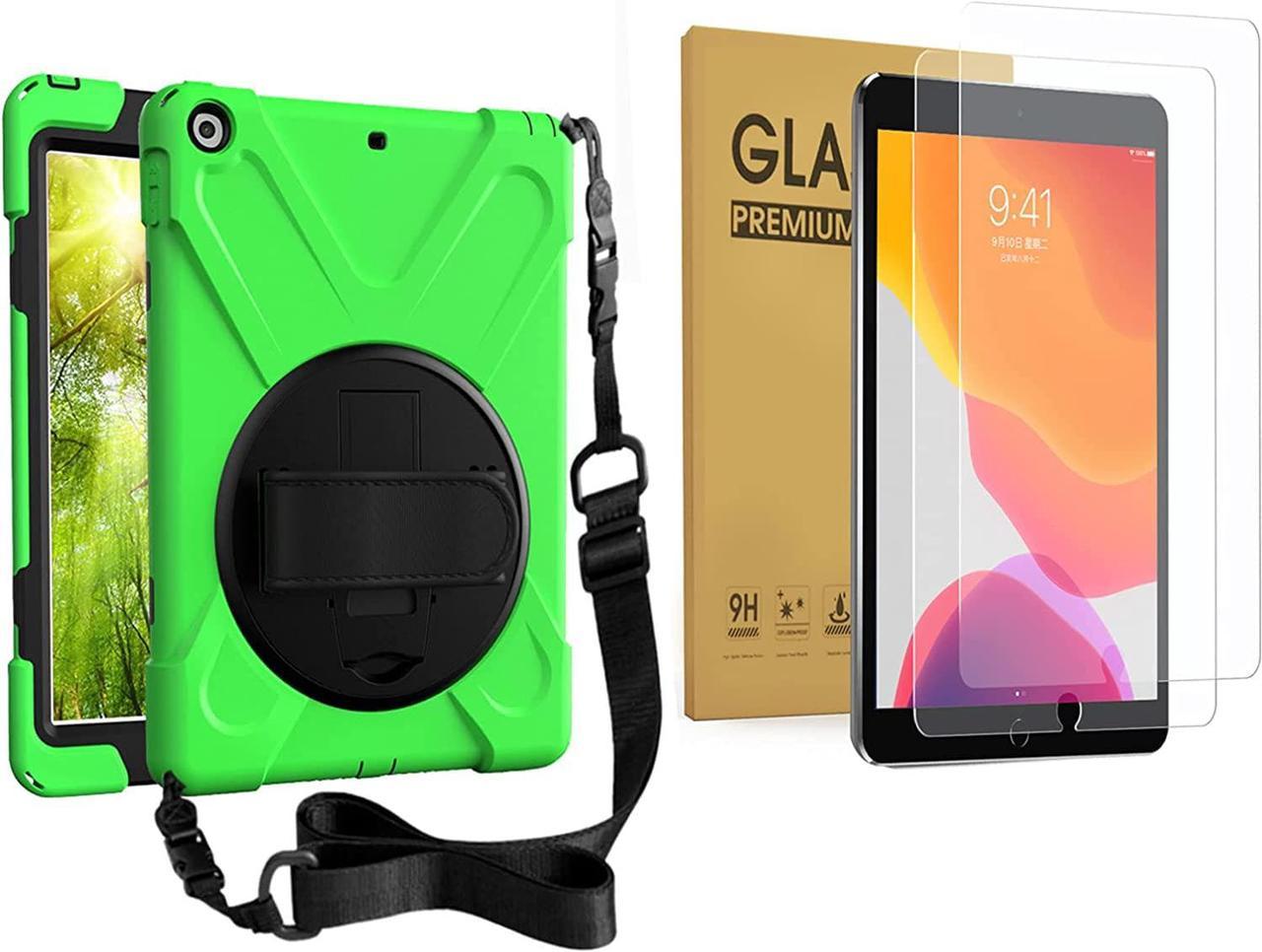 Bundle-iPad 8th/7th Generation 10.2 Case with Tempered Glass Screen Protector Kickstand Hand Strap and Shoulder Strap, Black