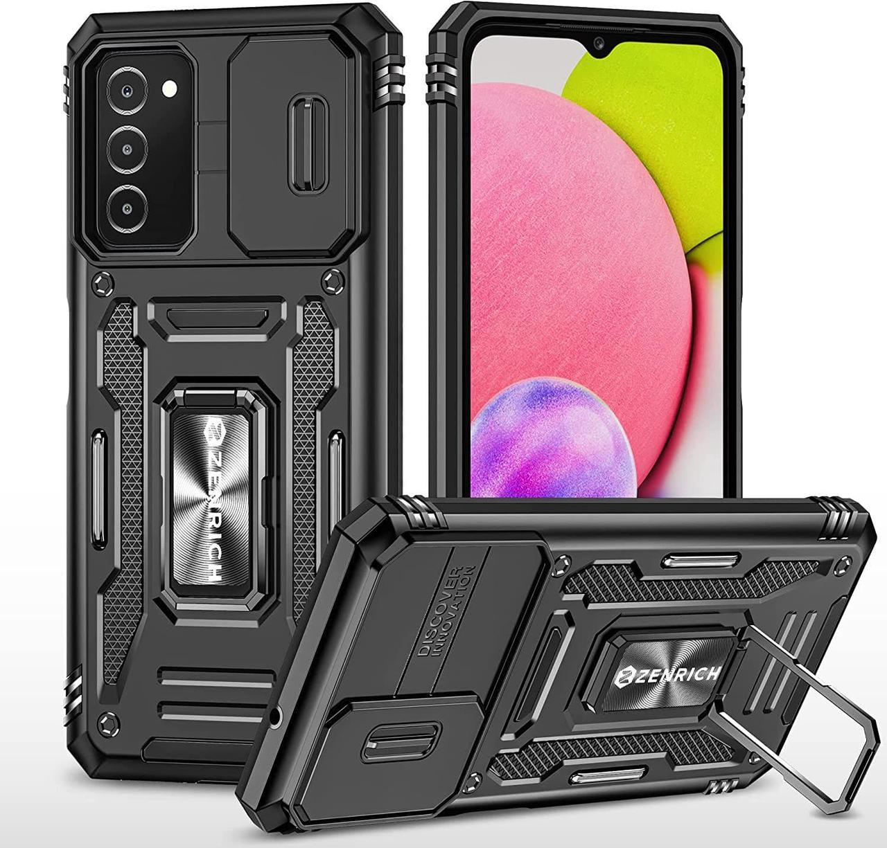 Rugged Case for Samsung Galaxy A03S 165.8 with Tempered Glass Screen Protector, Slide Camera Cover & Kickstand, Dual Layer Military Grade Case compatitable with Magnetic Holder, Black