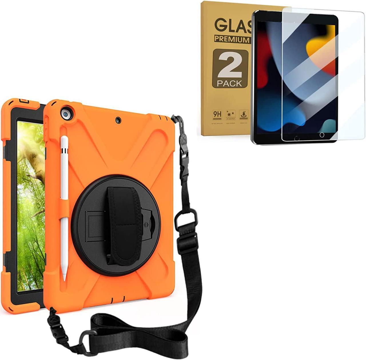 iPad 10.2 inch Rugged Case Orange and 2 Pack Anti Blue Light Tempered Glass Screen Ptotector(iPad 9th/8th/7th Generation)