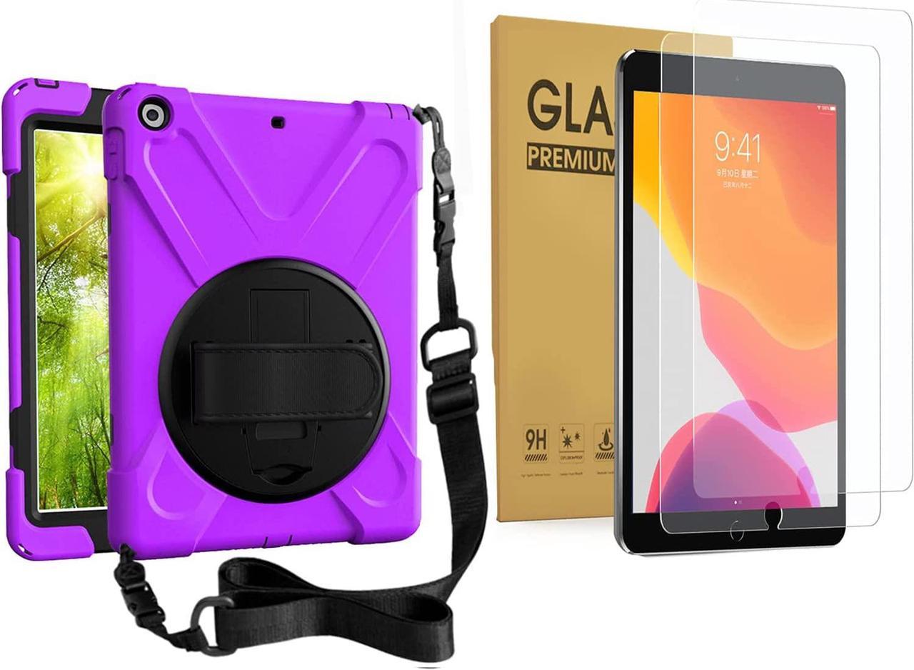 Bundle-iPad 8th/7th Generation 10.2 Case with Tempered Glass Screen Protector Kickstand Hand Strap and Shoulder Strap, Purple