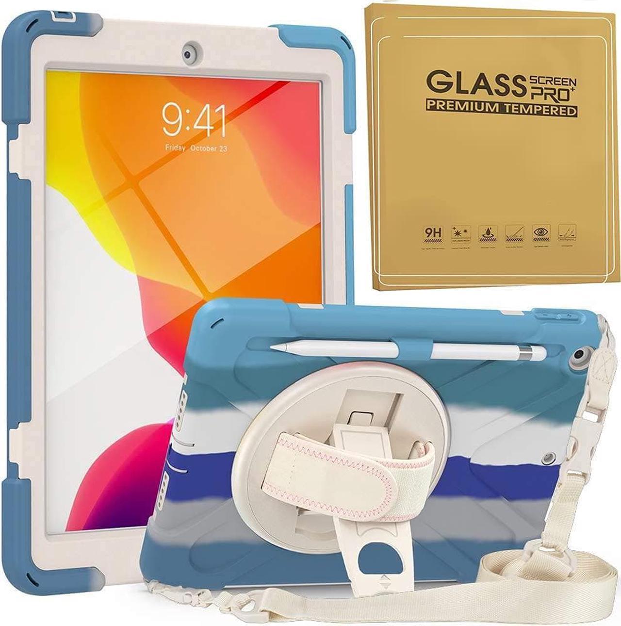 Bundle-iPad 8th/7th Generation 10.2 Case with Tempered Glass Screen Protector Pencil Holder Kickstand Hand Strap and Shoulder Strap, Colorful Blue