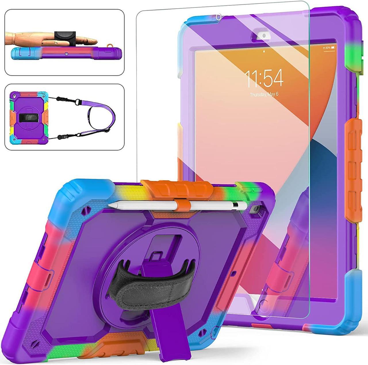 iPad 9th/8th/7th Generation Case, iPad 10.2 Case 2021/2020/2019, [Kid Proof] Full Body Protective Case with 9H Tempered Glass Screen Protector, 360° Rotatable Kickstand & Hand Strap (Purple)