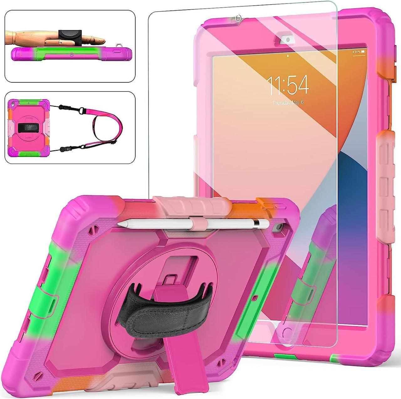 iPad 9th/8th/7th Generation Case, iPad 10.2 Case 2021/2020/2019, [Kid Proof] Full Body Protective Case with 9H Tempered Glass Screen Protector, 360° Rotatable Kickstand & Hand Strap (Pink)