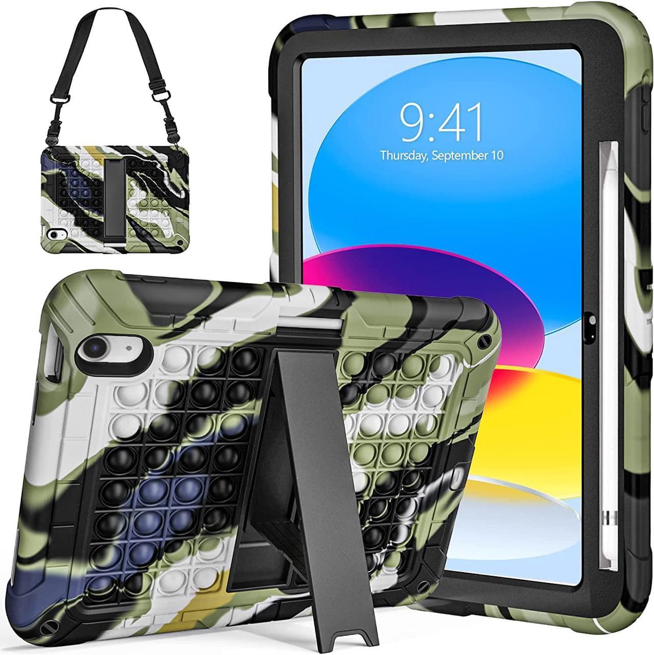 New iPad 10th Generation 10.9 inch 2022 Case for Kids, Shockproof Rugged Protective with Pencil Holder Kickstand & Shoulder Strap for iPad 10.9 Inch 2022 Release Kids Children (Camouflage)