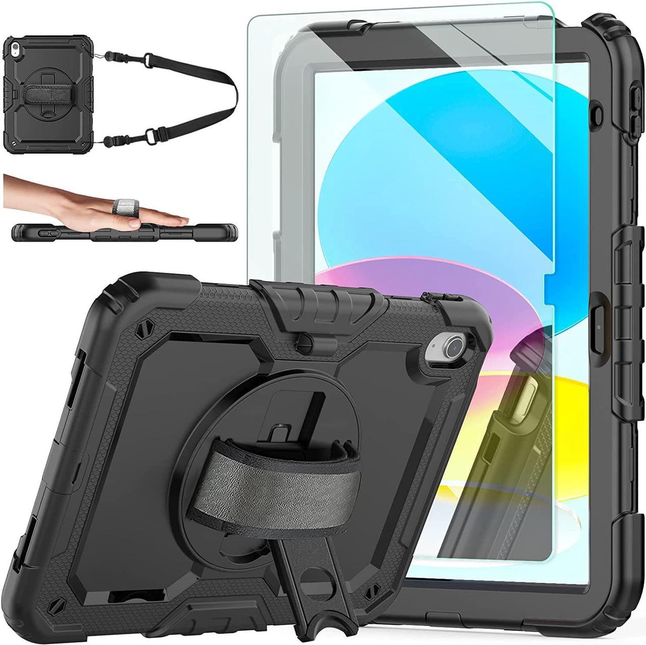 iPad 10th Generation Case, iPad 10 Case 10.9'' 2022, [Kid Proof] Full Body Protective Case with 9H Tempered Glass Screen Protector, 360° Rotatable Kickstand & Hand Strap (Black)