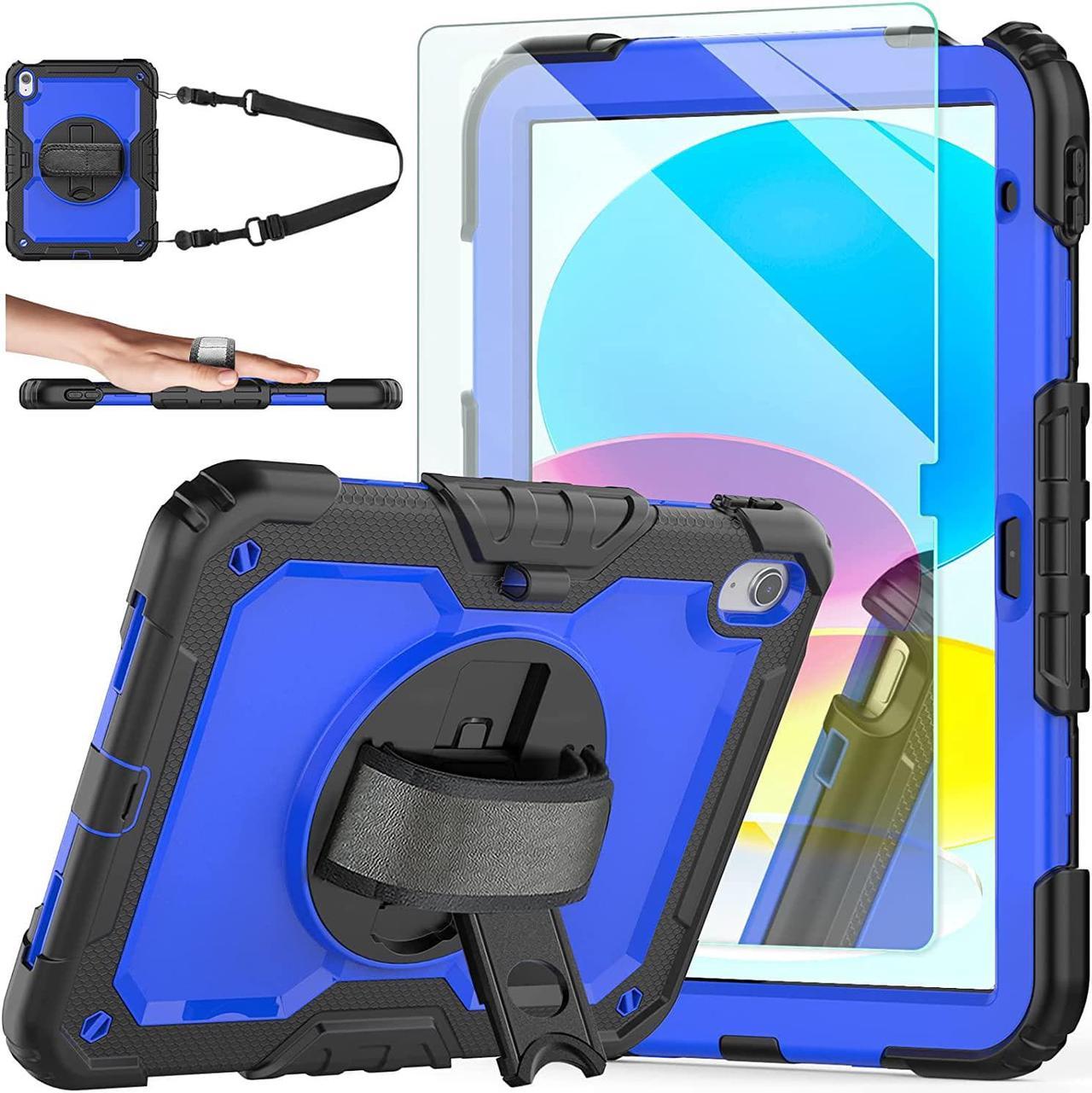 iPad 10th Generation Case, iPad 10 Case 10.9'' 2022, [Kid Proof] Full Body Protective Case with 9H Tempered Glass Screen Protector, 360° Rotatable Kickstand & Hand Strap (Blue)