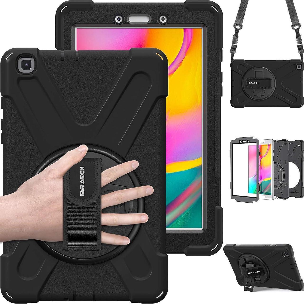 Galaxy Tab E 8.0 Case,360 Degree Rotation Stand/Hand Strap and Shoulder Strap Case [Shock Proof] Hybrid pc+Silicone Cover for Samsung Tab E 8'' SM-T375/ SM-T377/ SM-T378 (Black)