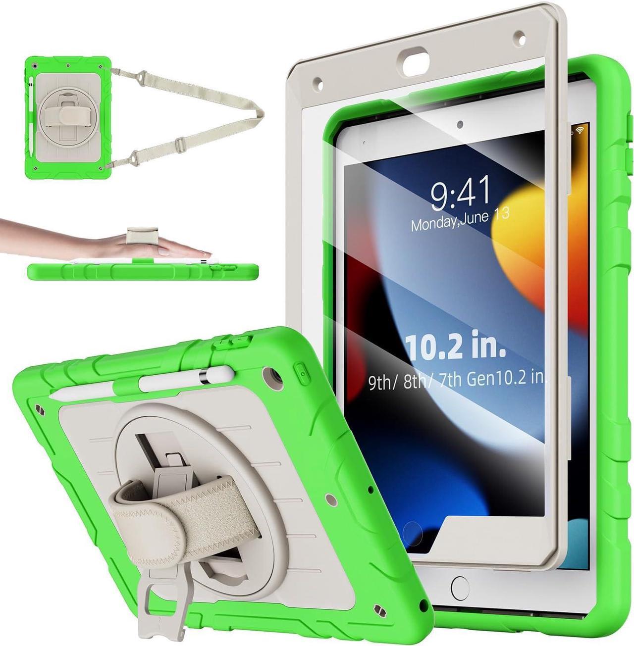 iPad 9th/8th/7th Generation Case-Built-in Screen Protector, Shockproof with Pencil Holder 360° Rotating Hand Strap&Kickstand, Shoulder Strap, for iPad 10.2 inch Case 2021/2020/2019