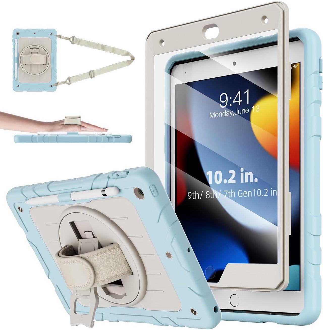 iPad 9th/8th/7th Generation Case-Built-in Screen Protector, Shockproof with Pencil Holder 360° Rotating Hand Strap&Kickstand, Shoulder Strap, for iPad 10.2 inch Case 2021/2020/2019(Green/Beige