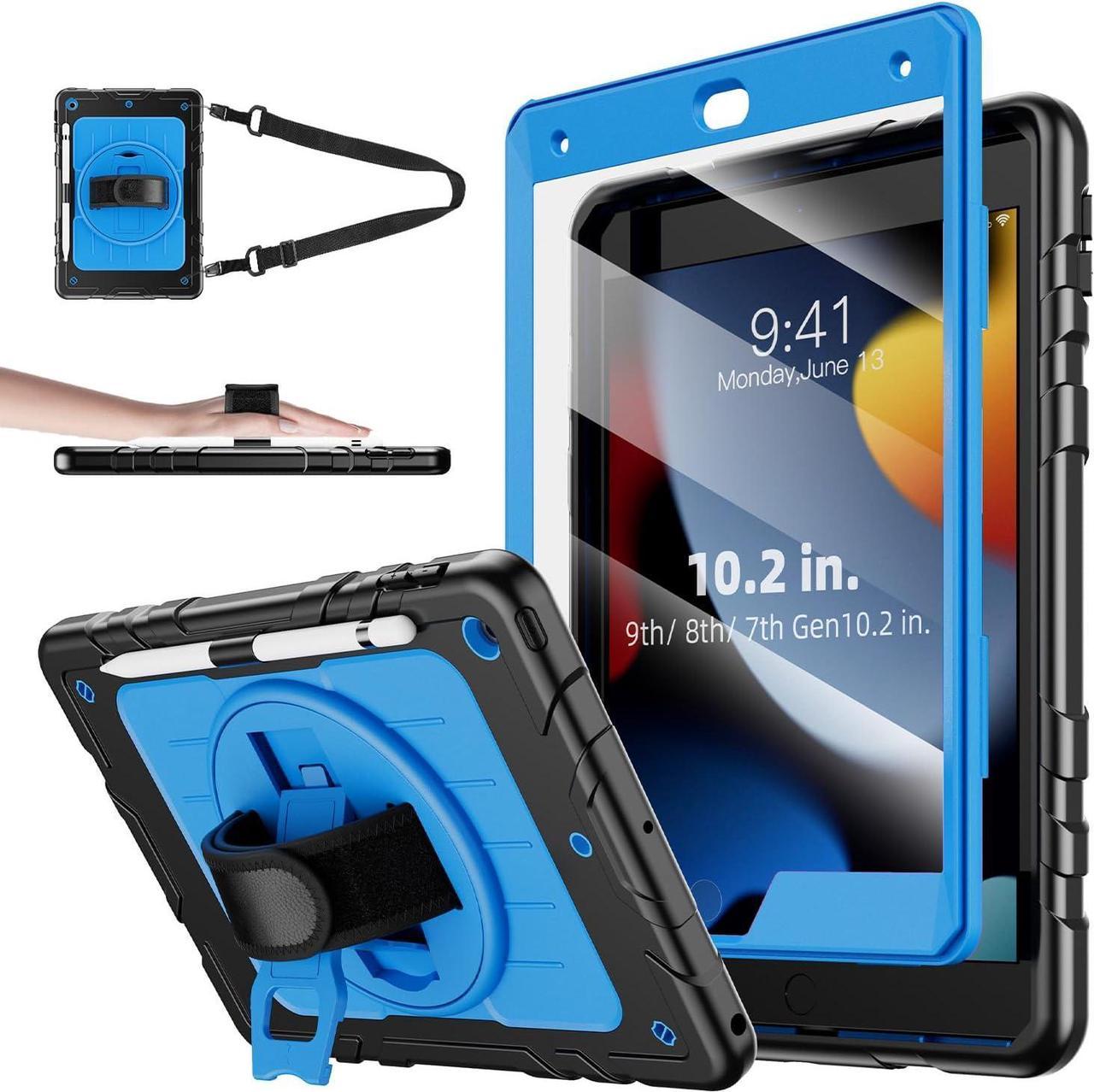 iPad 9th/8th/7th Generation Case-Built-in Screen Protector, Shockproof with 360° Rotating Hand Strap&Kickstand, Shoulder Strap, for iPad 10.2 inch Case 2021/2020/2019